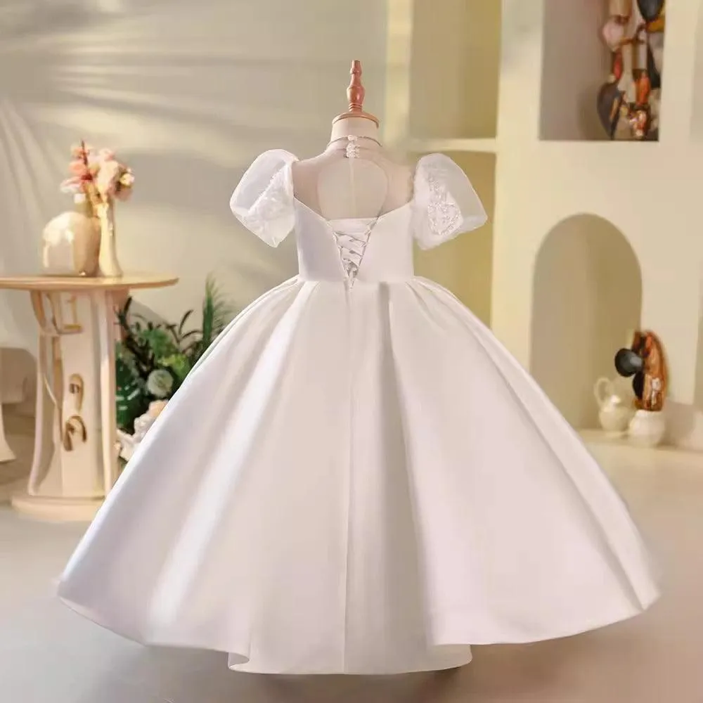 3-12 years old satin white flower girl wedding birthday party girl princess dress