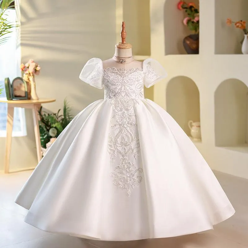 3-12 years old satin white flower girl wedding birthday party girl princess dress