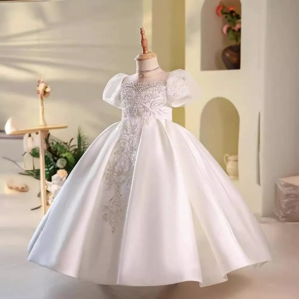 3-12 years old satin white flower girl wedding birthday party girl princess dress