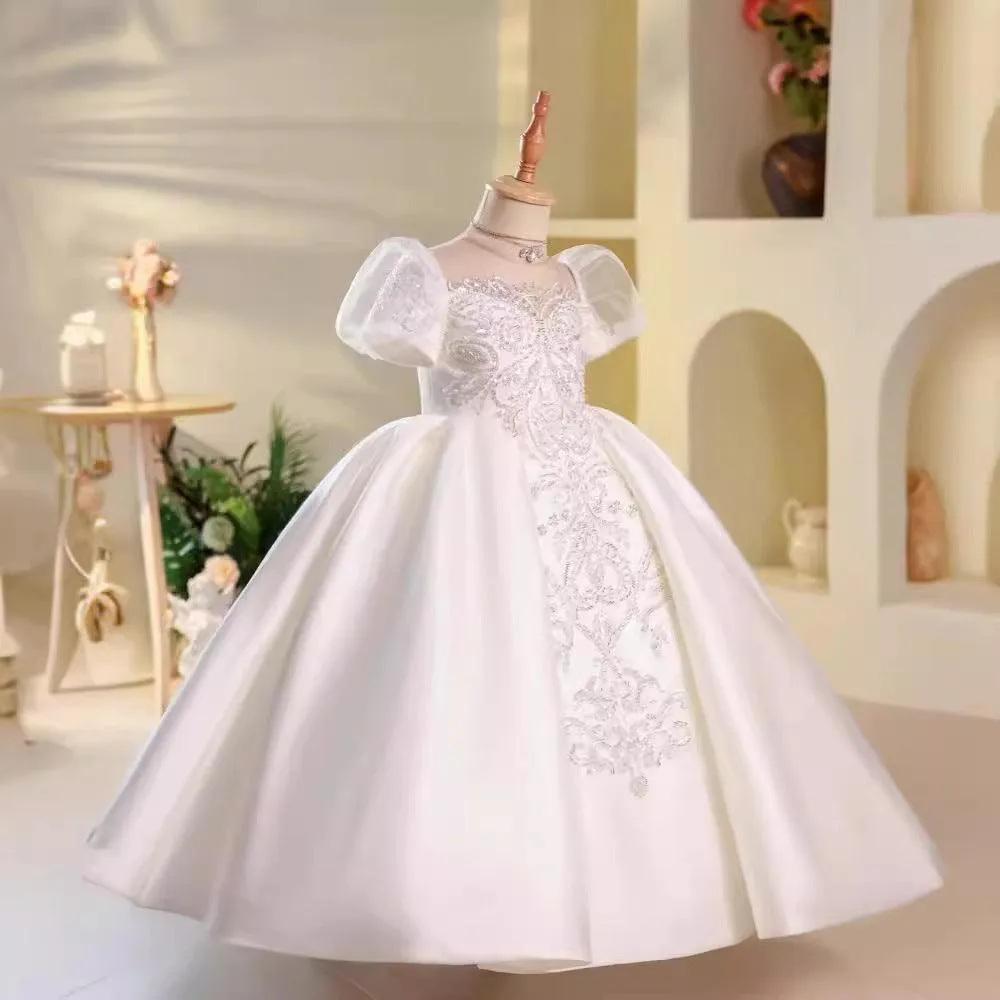 3-12 years old satin white flower girl wedding birthday party girl princess dress