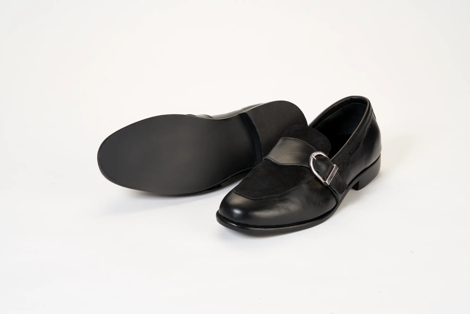 Ajadi Loafers in Black Leather with Black Suede and Strap Buckle