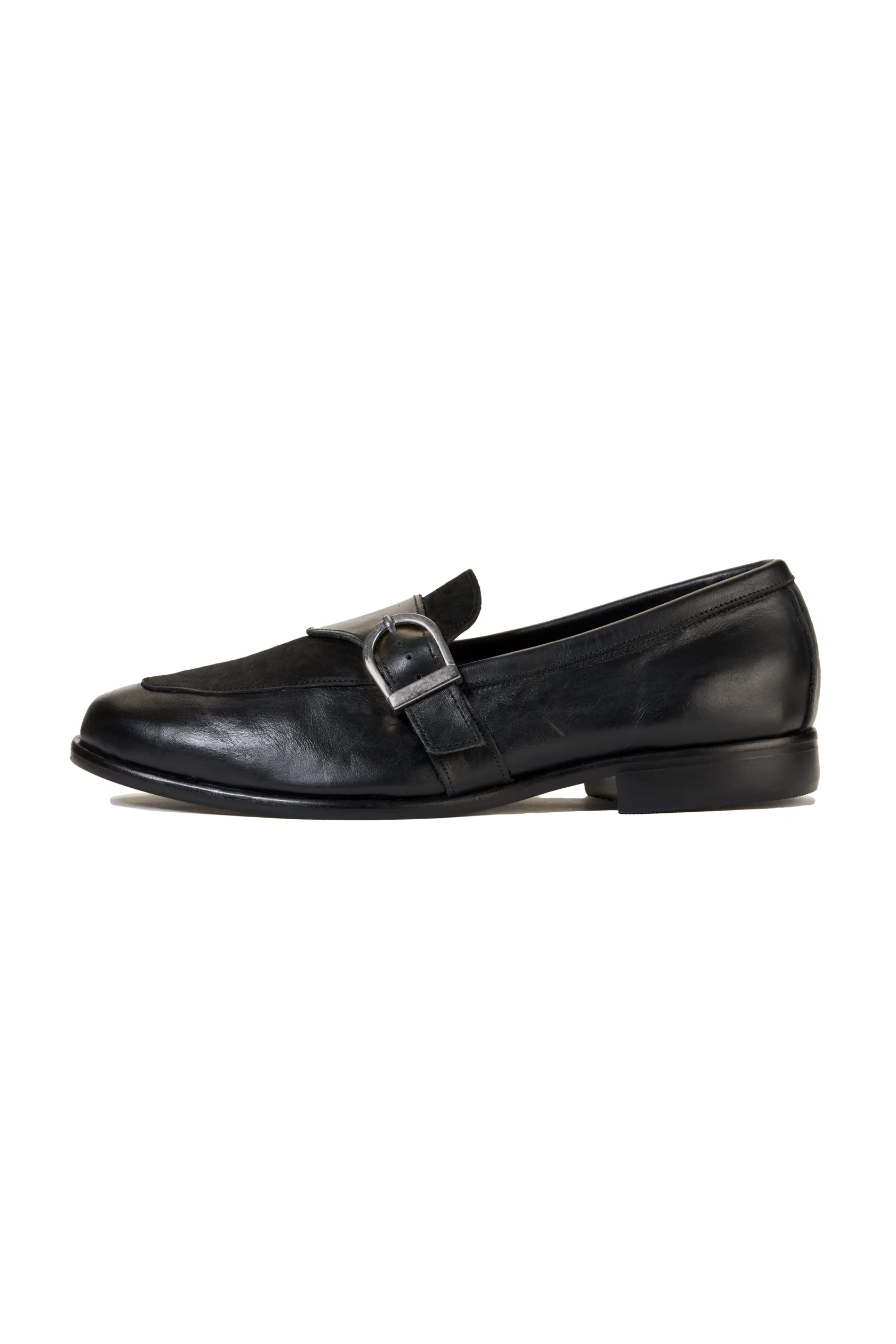 Ajadi Loafers in Black Leather with Black Suede and Strap Buckle