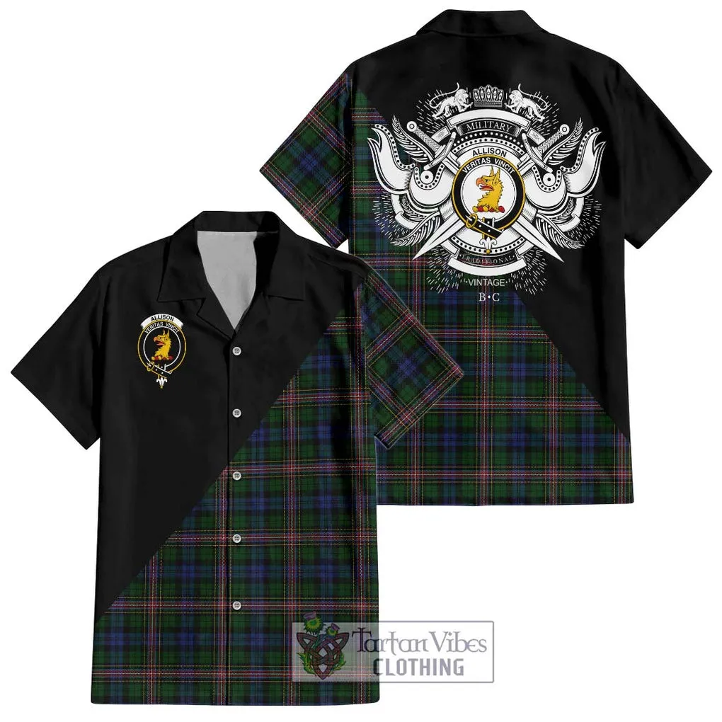 Allison Tartan Short Sleeve Button Shirt with Family Crest and Military Logo Style