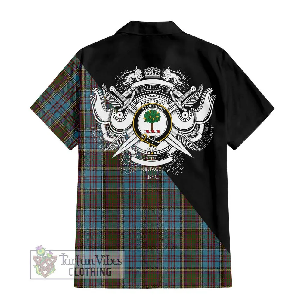 Anderson Tartan Short Sleeve Button Shirt with Family Crest and Military Logo Style