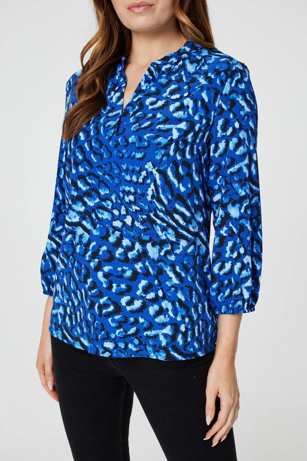 Animal Print Collarless Shirt Top