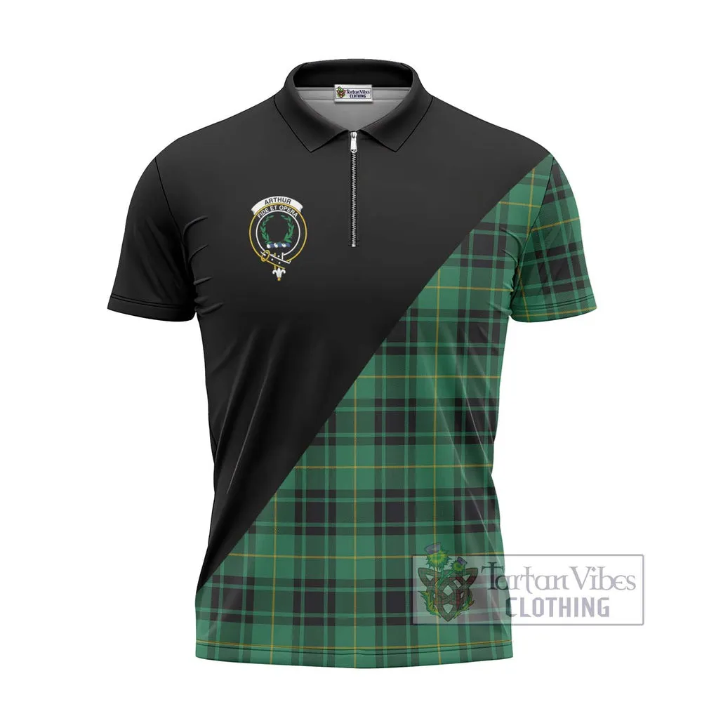 Arthur Ancient Tartan Zipper Polo Shirt with Family Crest and Military Logo Style