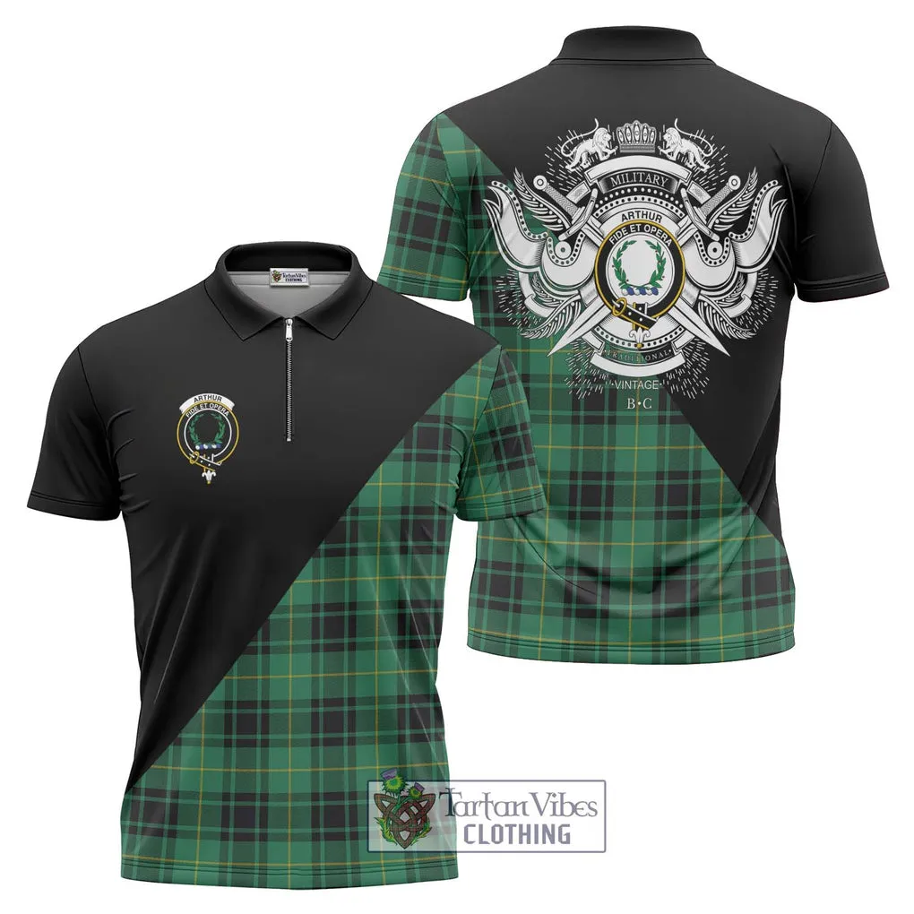 Arthur Ancient Tartan Zipper Polo Shirt with Family Crest and Military Logo Style