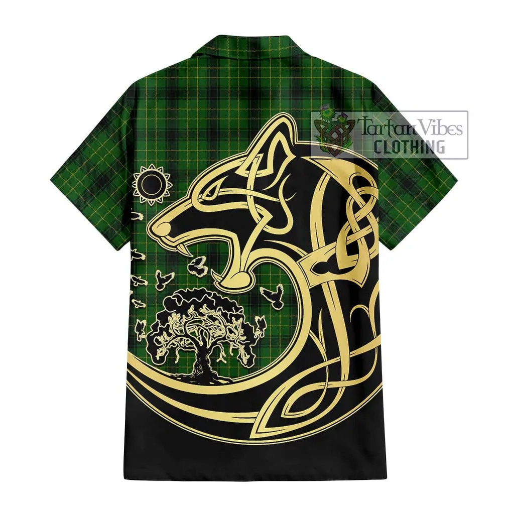 Arthur Highland Tartan Short Sleeve Button Shirt with Family Crest Celtic Wolf Style