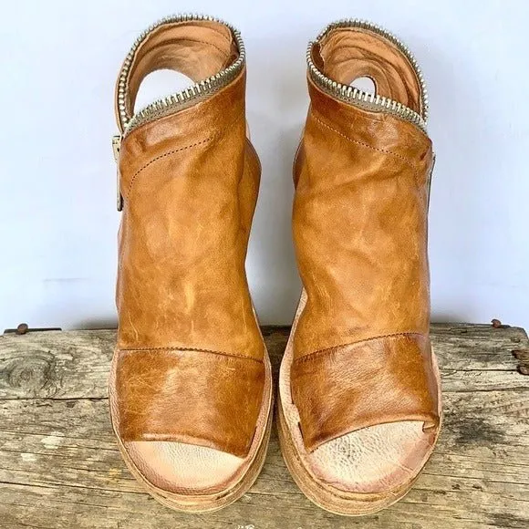 A.S.98 Naylor Wedge Platform Camel Tan Leather Zippered Sandals