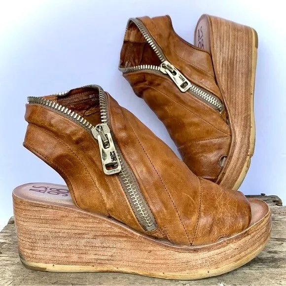 A.S.98 Naylor Wedge Platform Camel Tan Leather Zippered Sandals