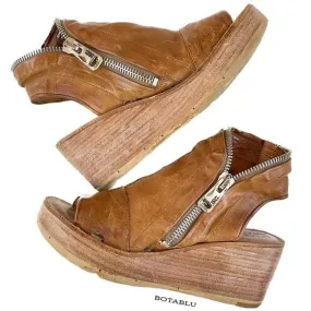 A.S.98 Naylor Wedge Platform Camel Tan Leather Zippered Sandals