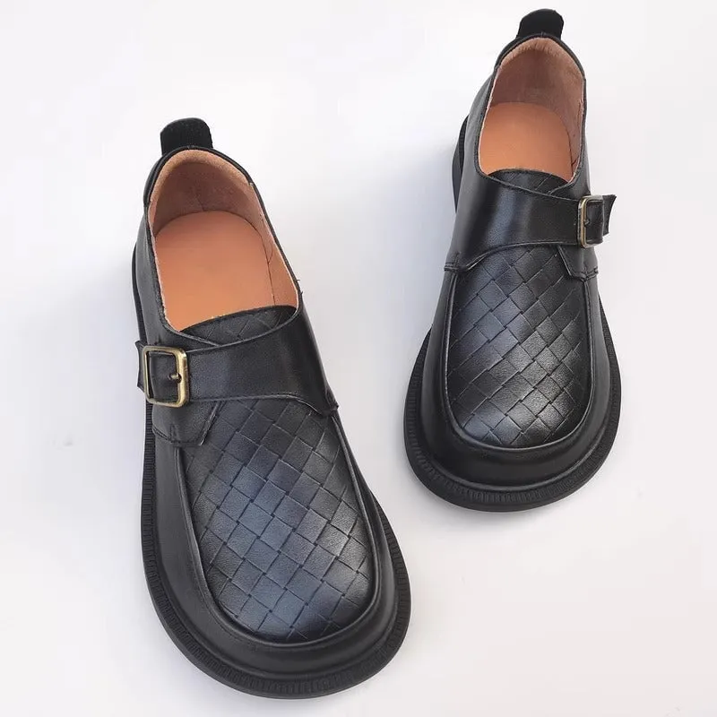 Big Toe Woven Grain Leather Loafers For Women with Buckle In Brown/Black