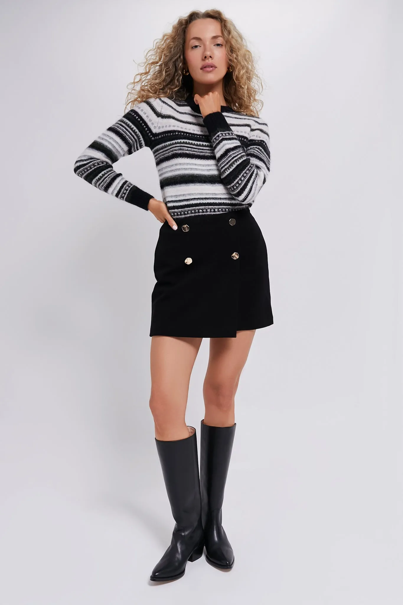 Black Soft Wool Stripe O-neck Sweater