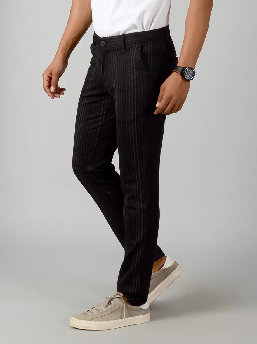 Black Striped Slim Fit Casual Trouser | JadeBlue