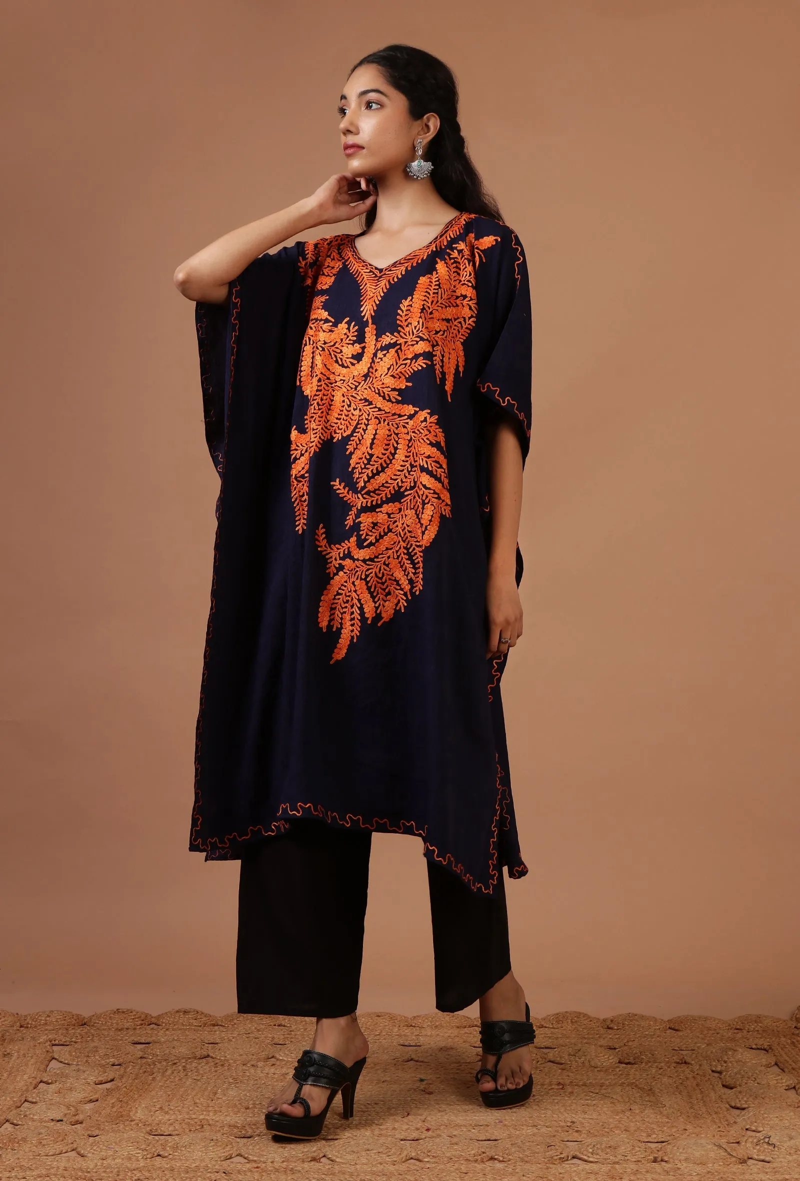 Blue Purple Cotton Crush Ari Embroidered Kaftan- Free Size