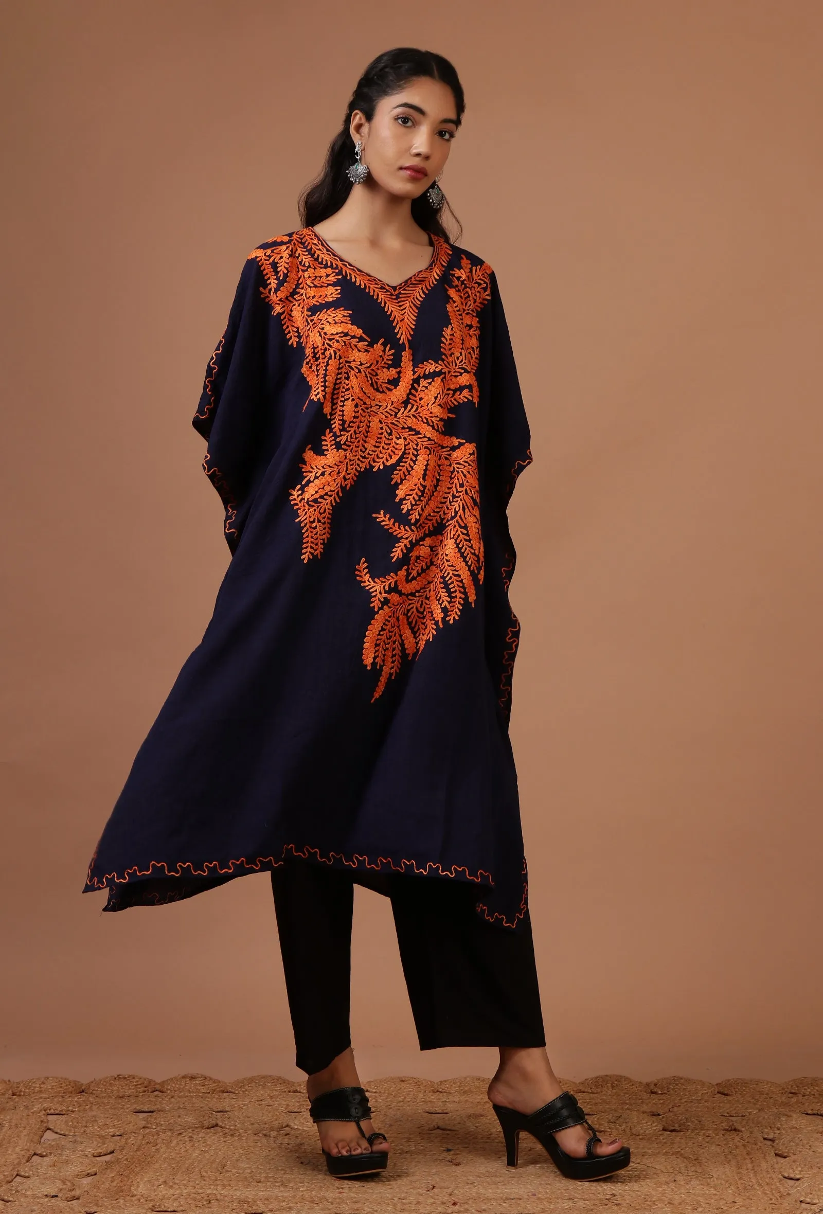 Blue Purple Cotton Crush Ari Embroidered Kaftan- Free Size