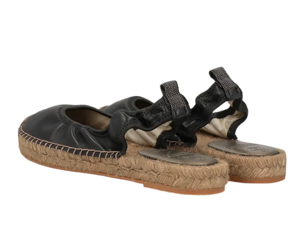 Brunello Cucinelli Leather Black Women's Espadrilles with Straw Bottom