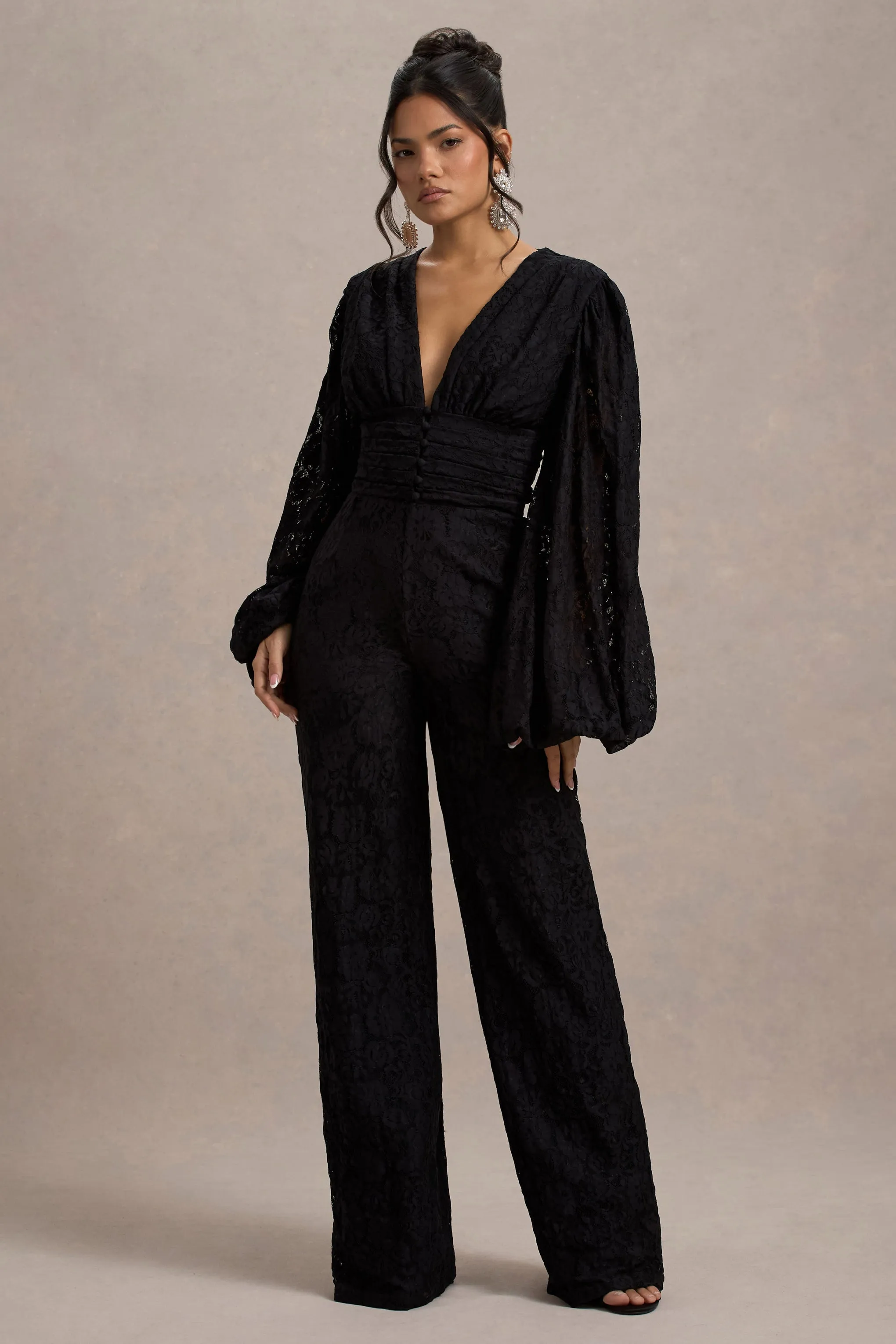 Calamina | Black Lace Plunge-Neck Wide-Leg Jumpsuit