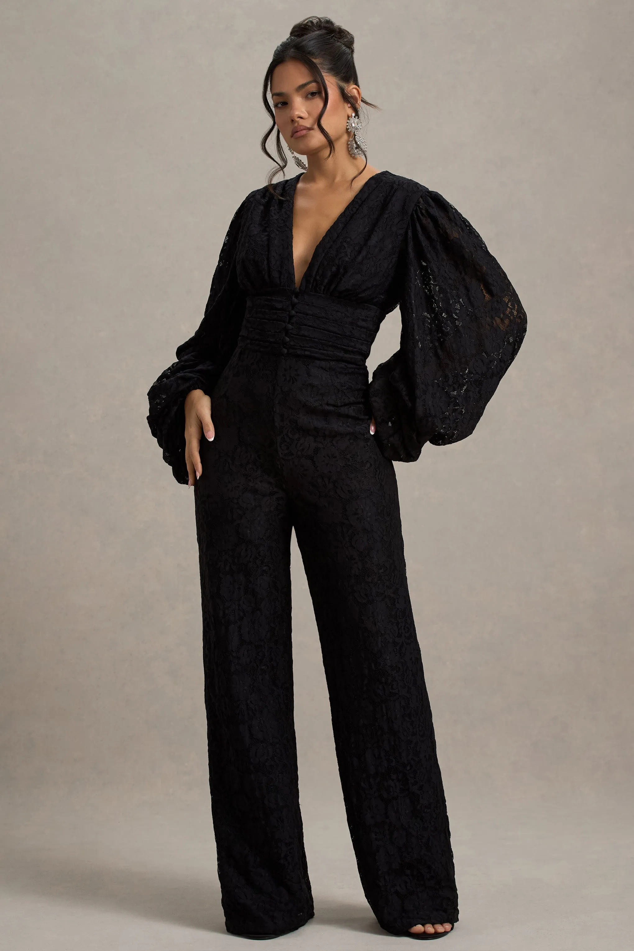 Calamina | Black Lace Plunge-Neck Wide-Leg Jumpsuit