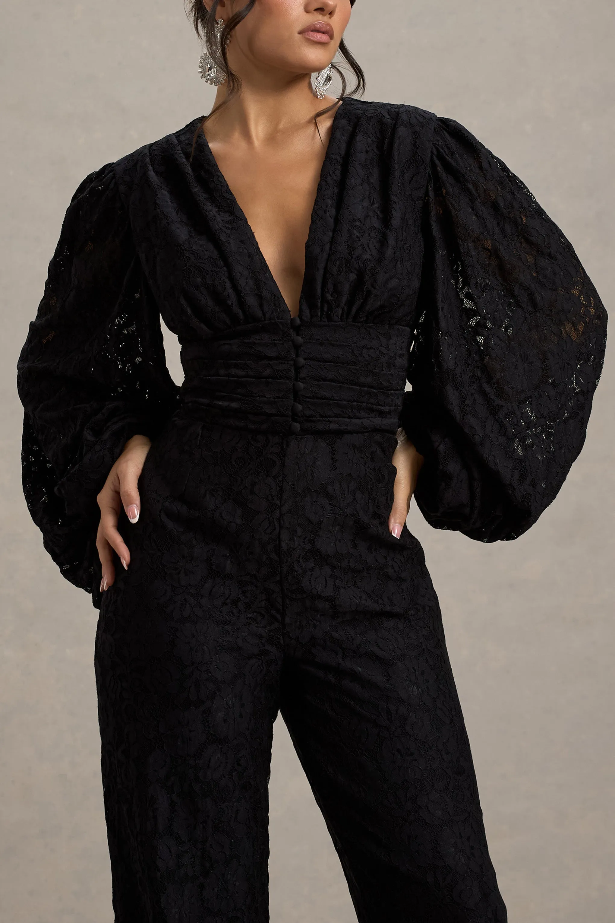 Calamina | Black Lace Plunge-Neck Wide-Leg Jumpsuit