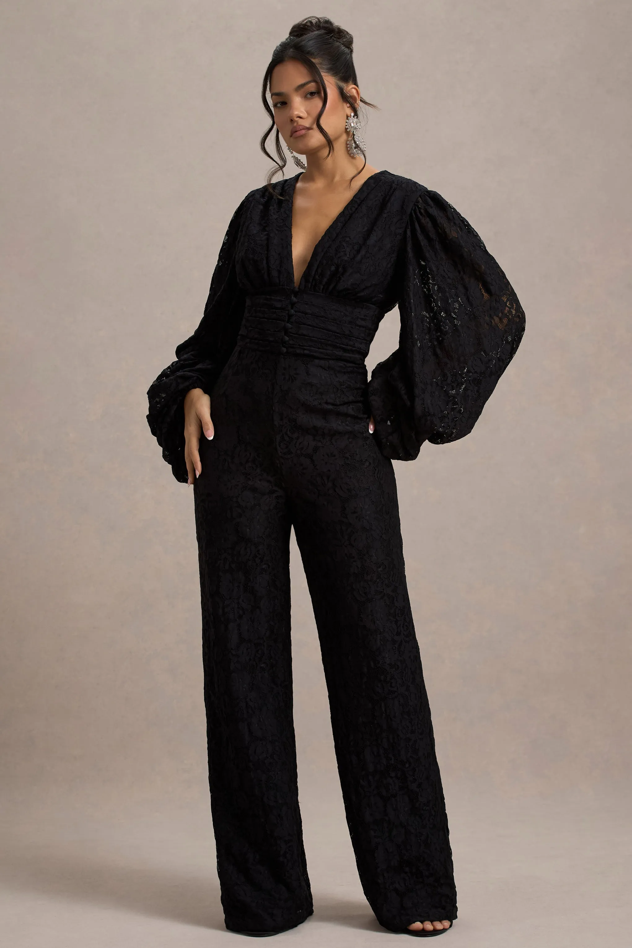 Calamina | Black Lace Plunge-Neck Wide-Leg Jumpsuit