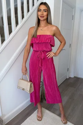 Cerise Plisse Bardot Jumpsuit