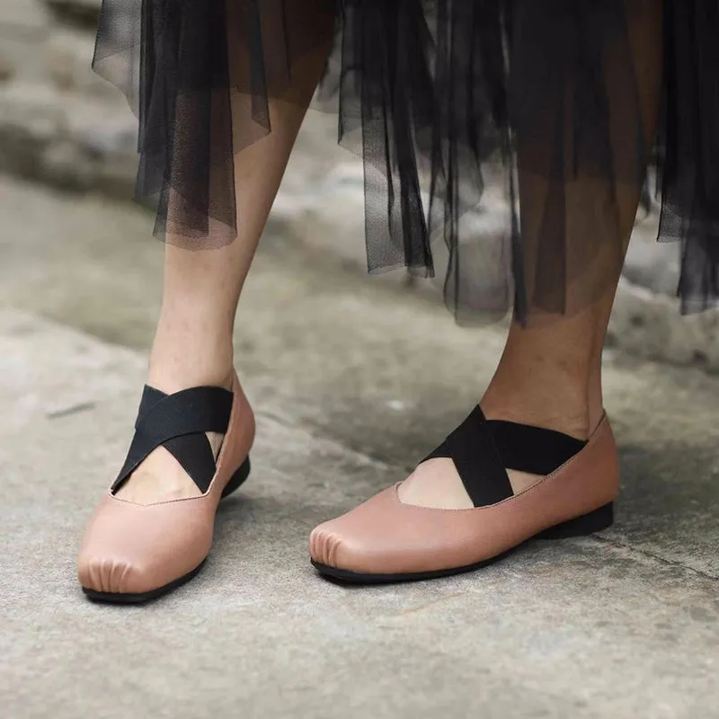 Classic Leather Handmade Cross-Strap Ballet Flats in Red/Black/Apricot Cross laced Design