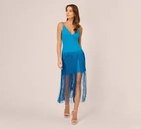 Crepe Fringe Dress With Double Spaghetti Straps And V Back In Deep Cerulean