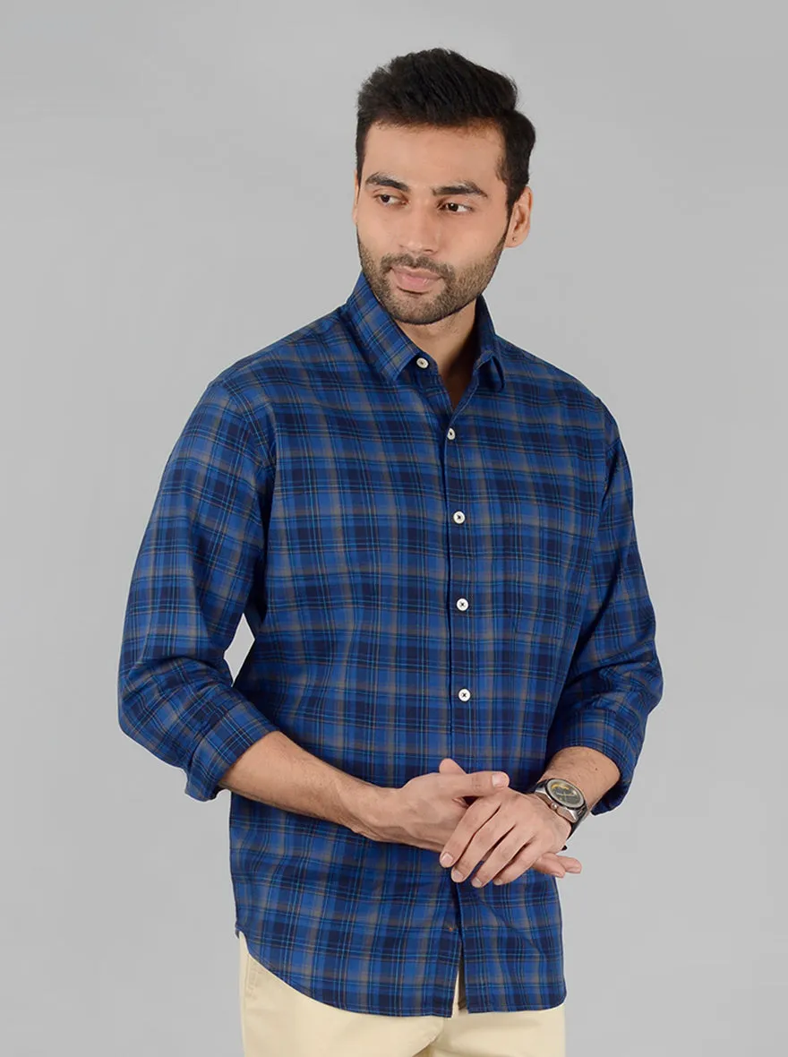 Dark Blue Checked Classic Fit Casual Shirt | Greenfibre