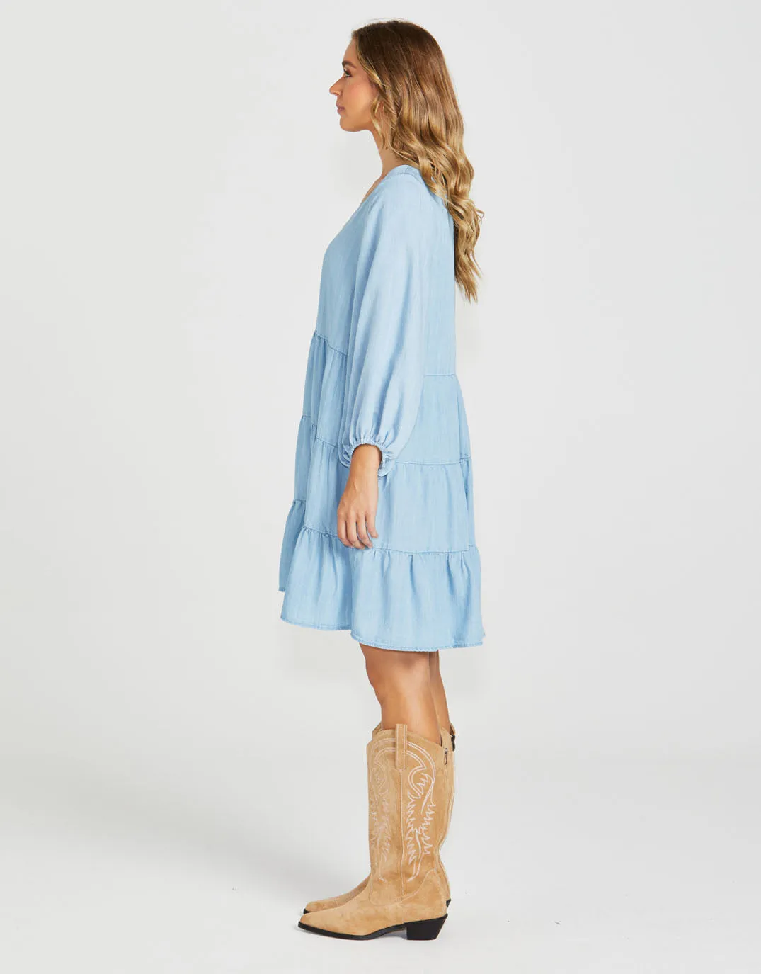 Davie Tiered Mini Dress - Chambray