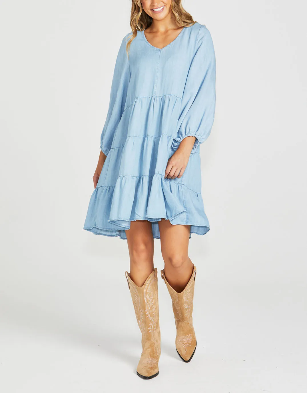 Davie Tiered Mini Dress - Chambray