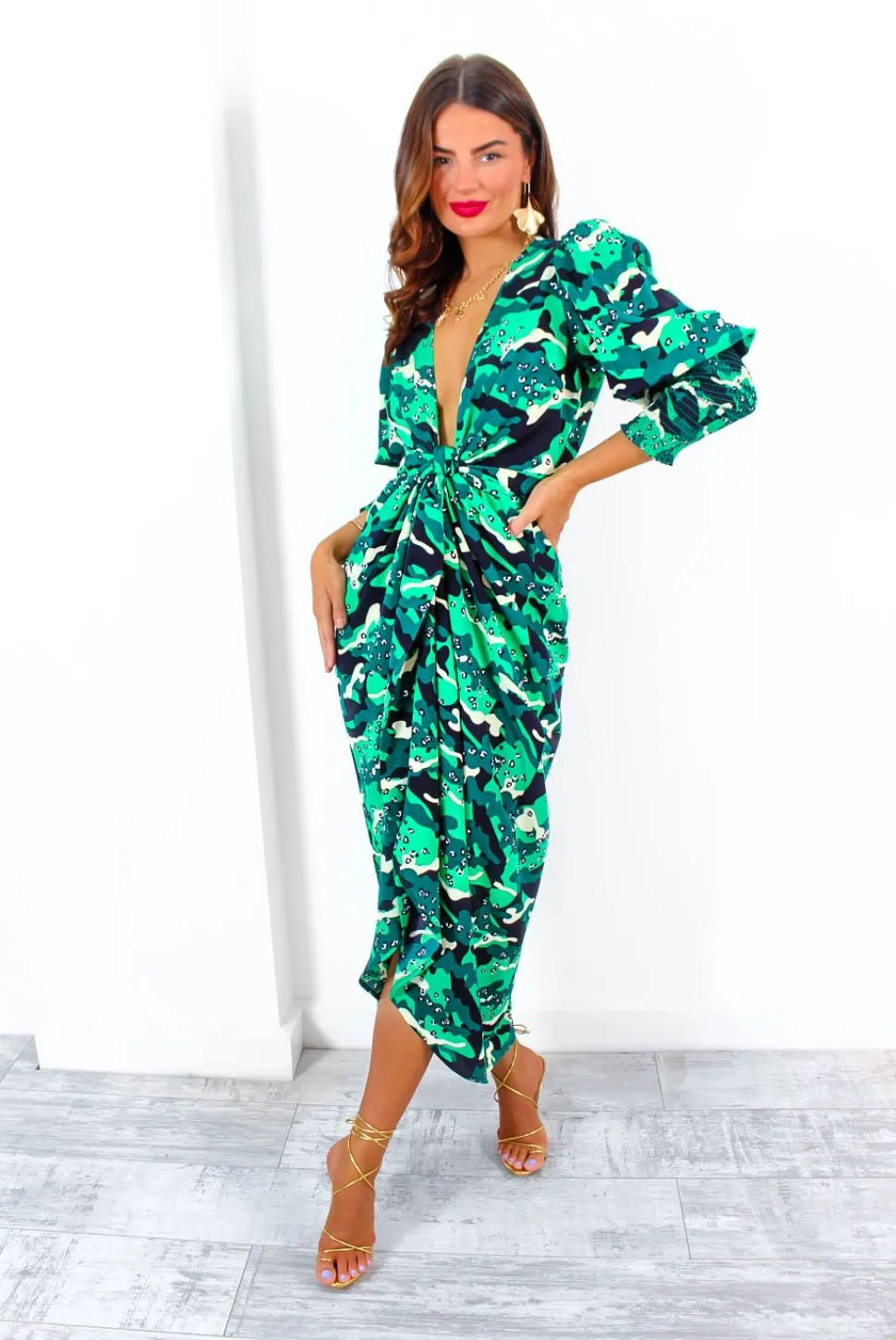 Drive Em Wild - Green Black Animal Print Midi Wrap Dress