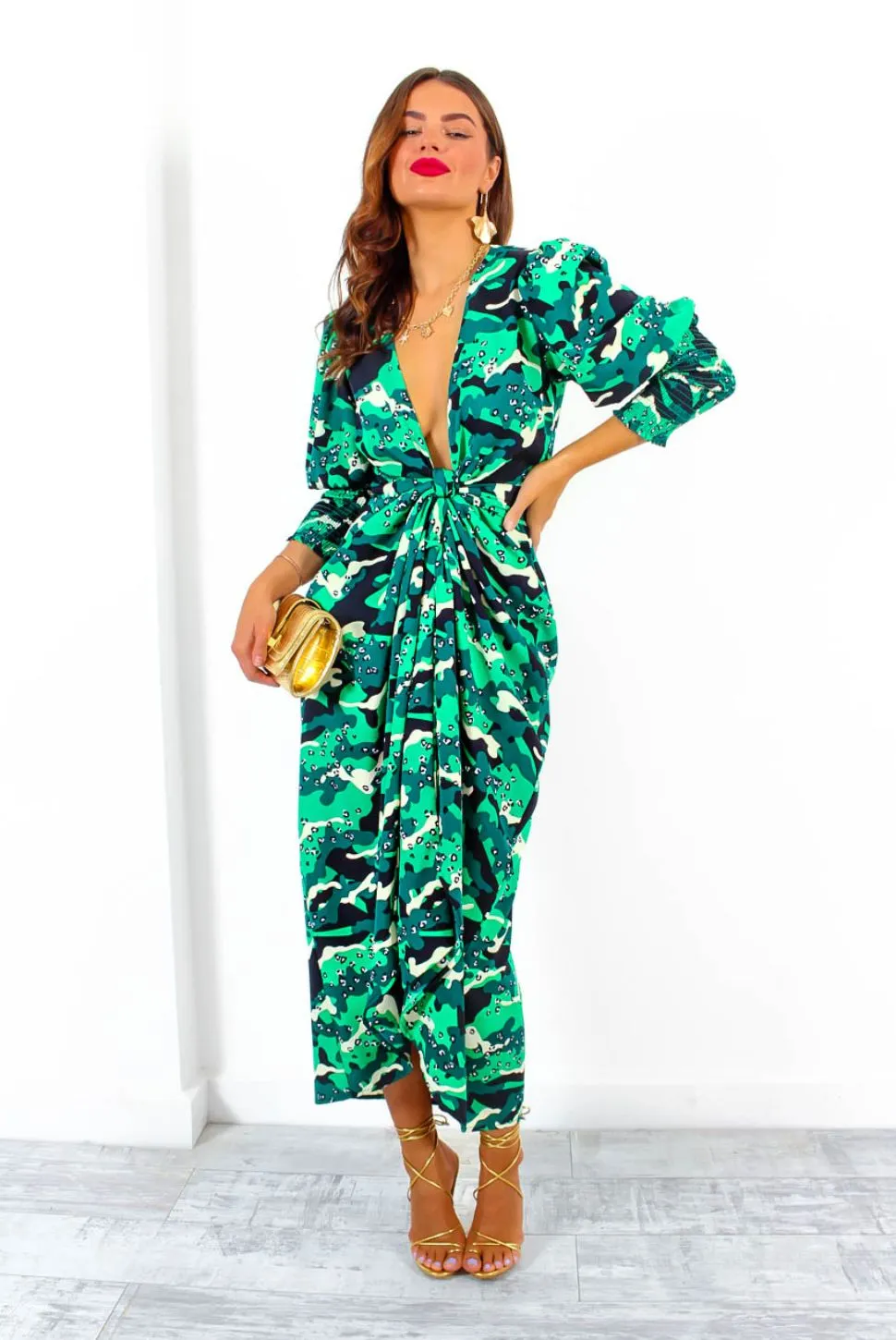 Drive Em Wild - Green Black Animal Print Midi Wrap Dress