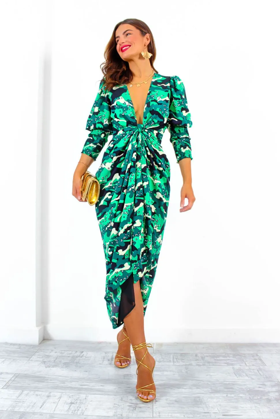 Drive Em Wild - Green Black Animal Print Midi Wrap Dress