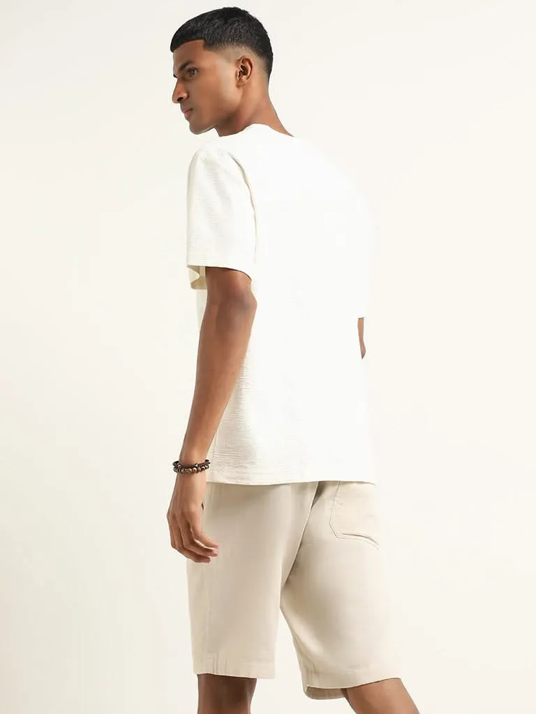 ETA Off White Self-Patterned Cotton Slim Fit T-Shirt