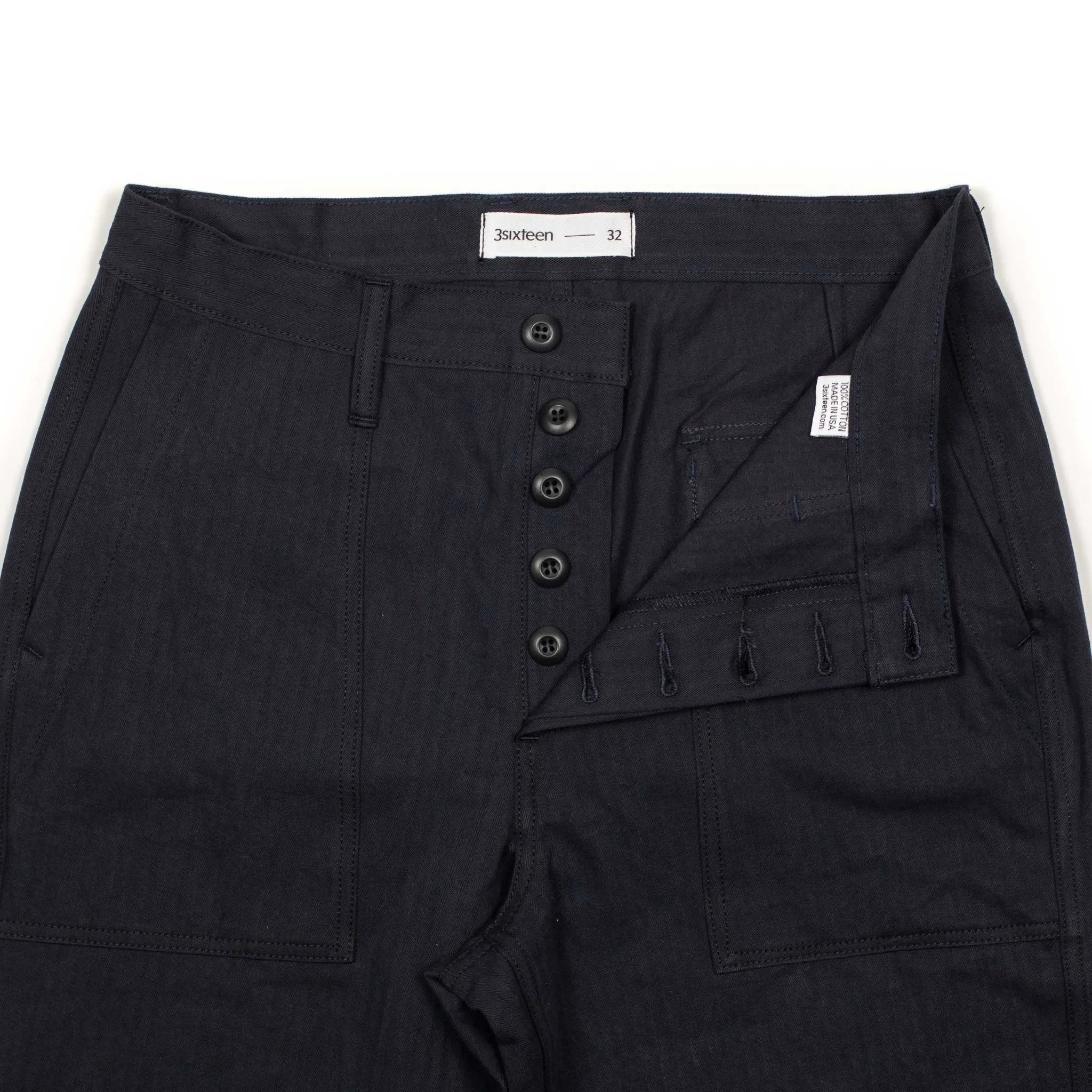 Fatigue pants in midnight blue washed cotton herringbone twill