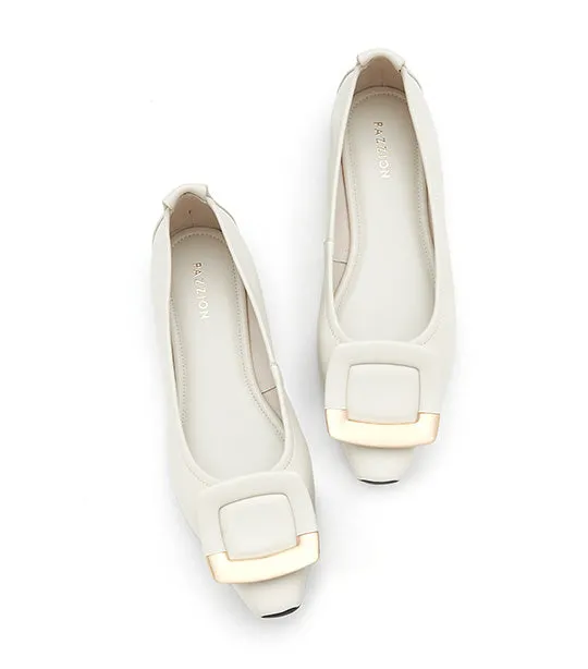 Faye Buckle Square-Toe Flats Beige