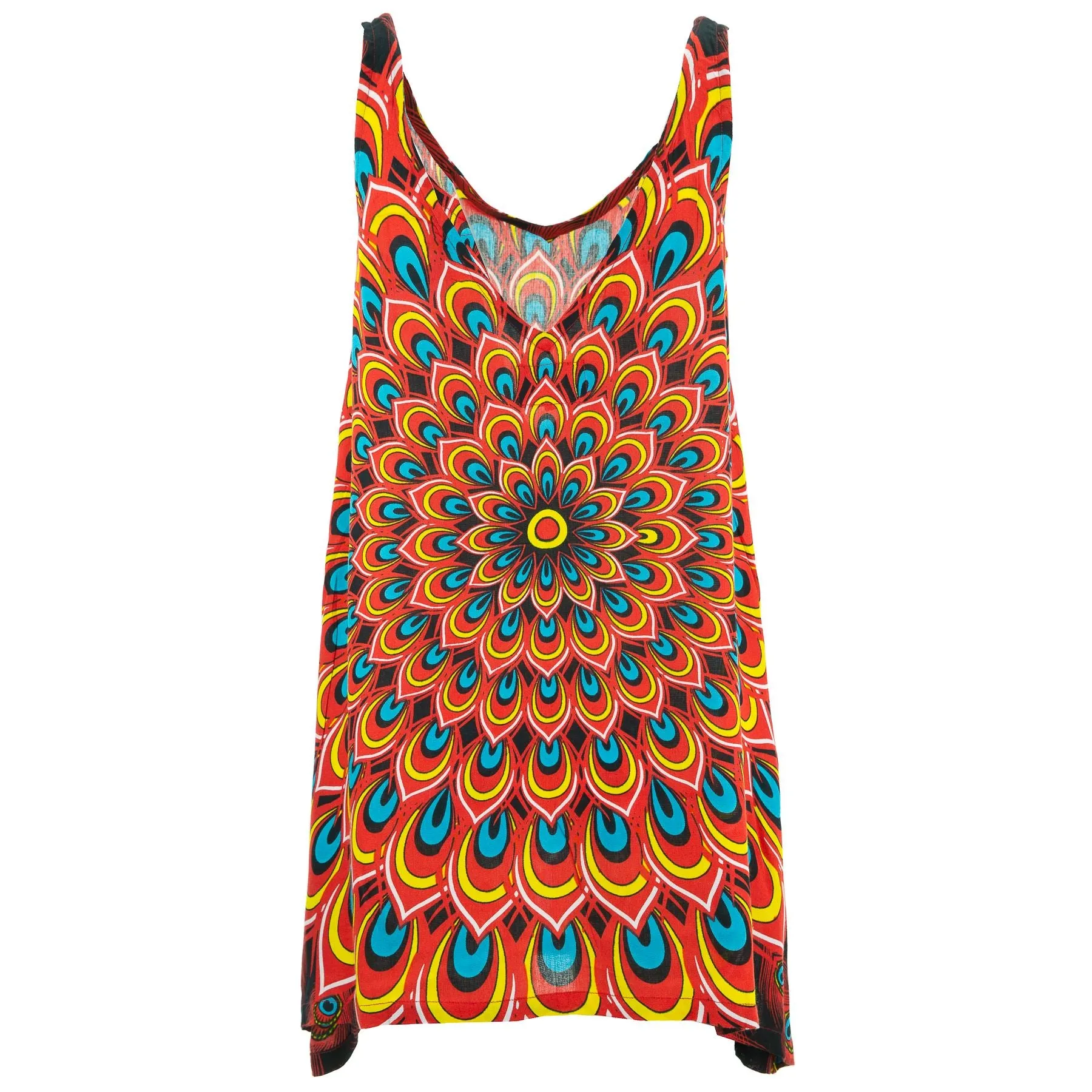 Floaty Asymmetrical Summer Dress  - Peacock Mandala Red