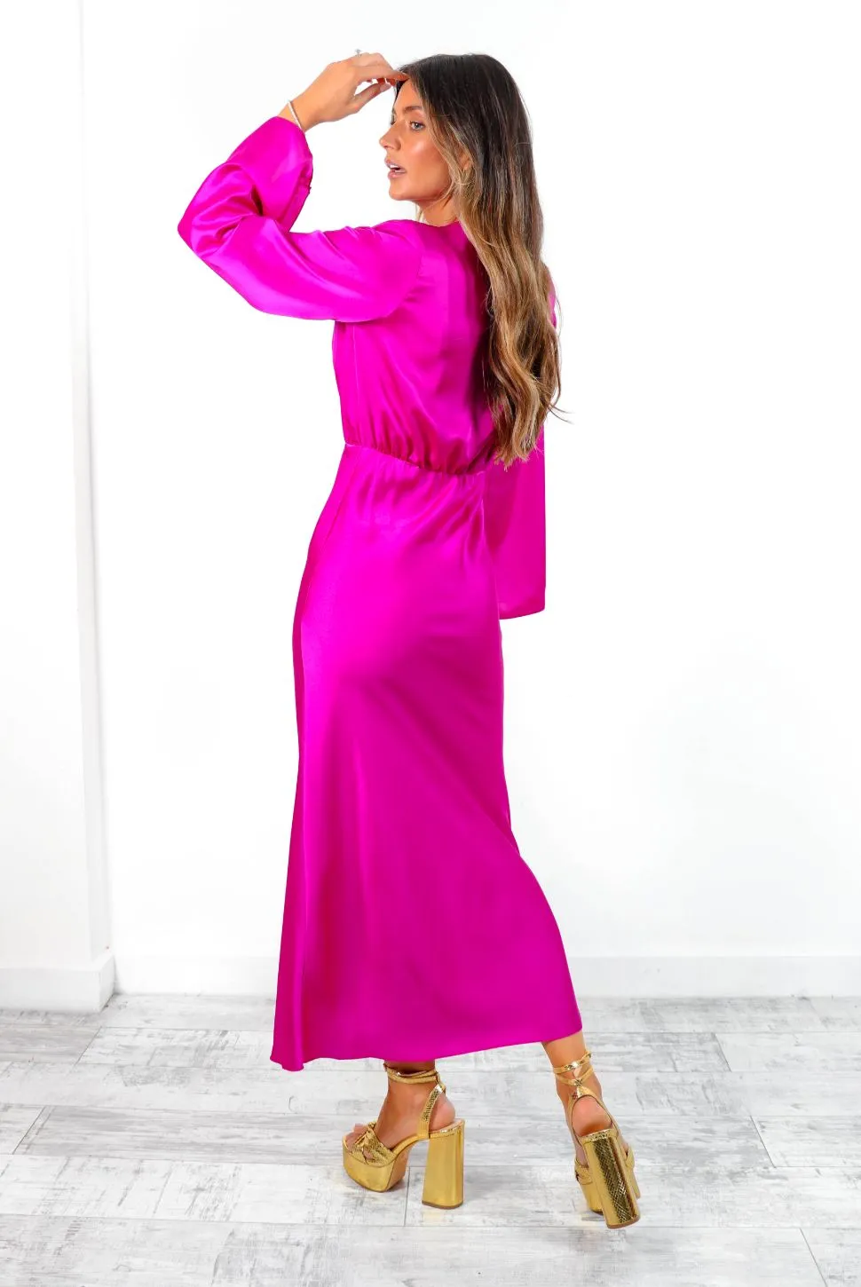 In Your Satin Dreams - Magenta Plunge Midi Dress