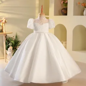 New White Children's Evening Dress Birthday Party Lace Puff Sleeve Princess Dress