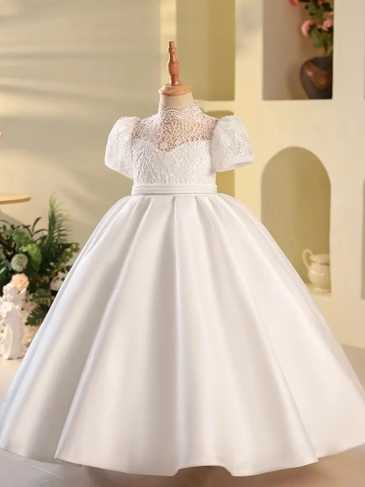 New White Children's Evening Dress Birthday Party Lace Puff Sleeve Princess Dress