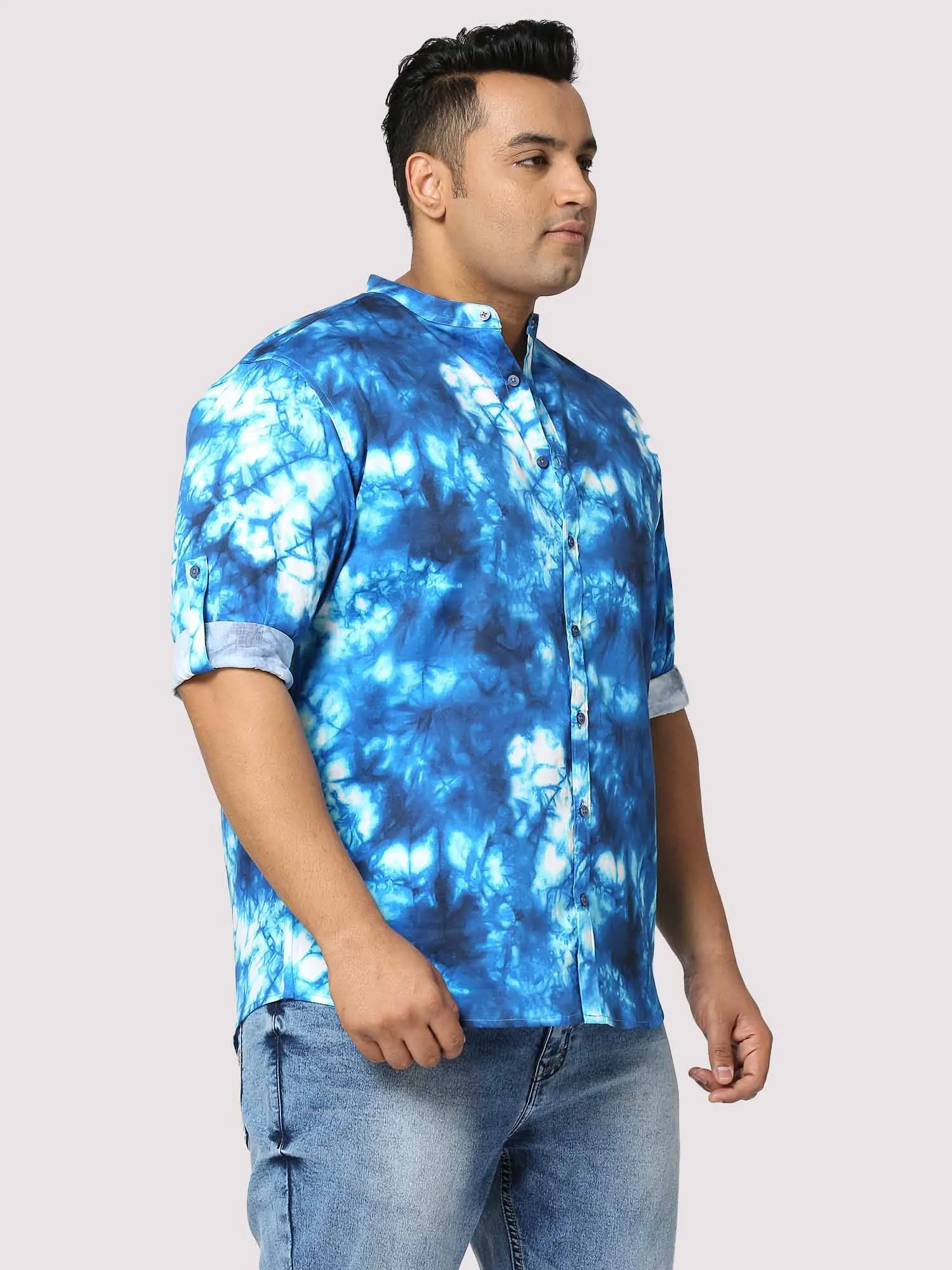 Ocean Digital Printed Chinese Collar Men's Plus Size Full Shirt