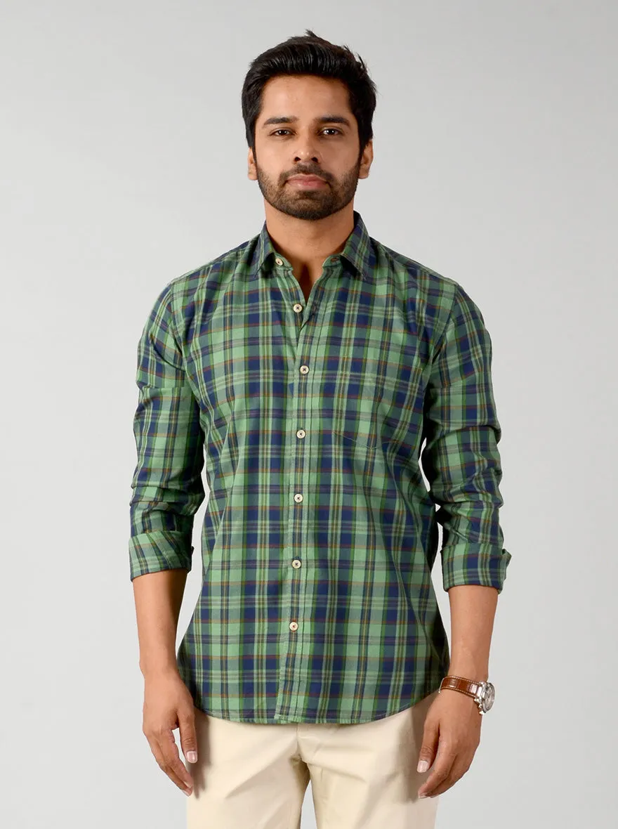 Peppermint Green & Blue Checked Slim Fit Casual Shirt | JadeBlue