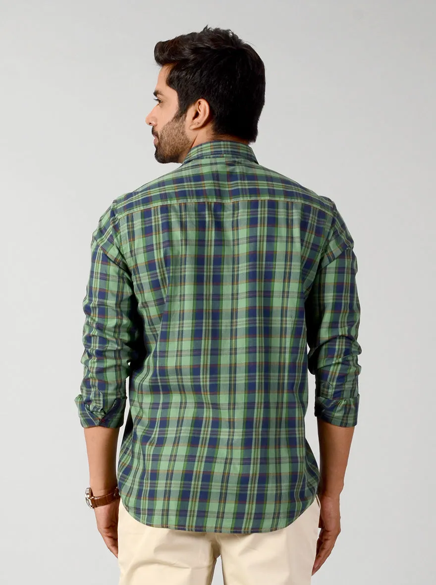 Peppermint Green & Blue Checked Slim Fit Casual Shirt | JadeBlue