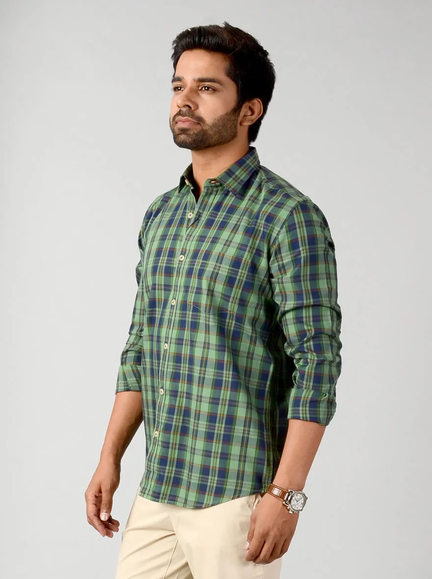 Peppermint Green & Blue Checked Slim Fit Casual Shirt | JadeBlue