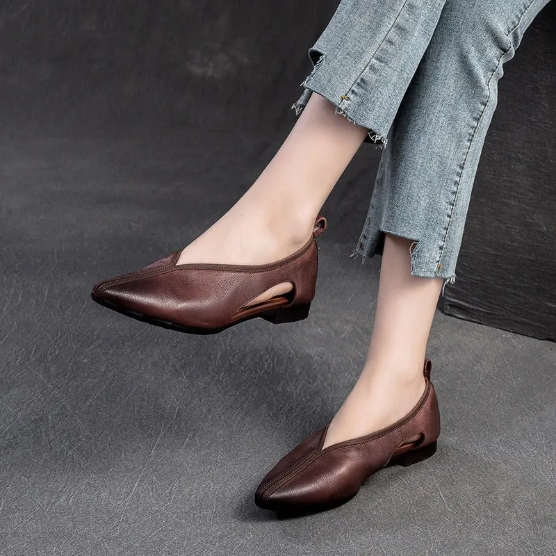 Retro Handmade Soft Leather Flats For Women Slip On Shoes in Grey/Coffee