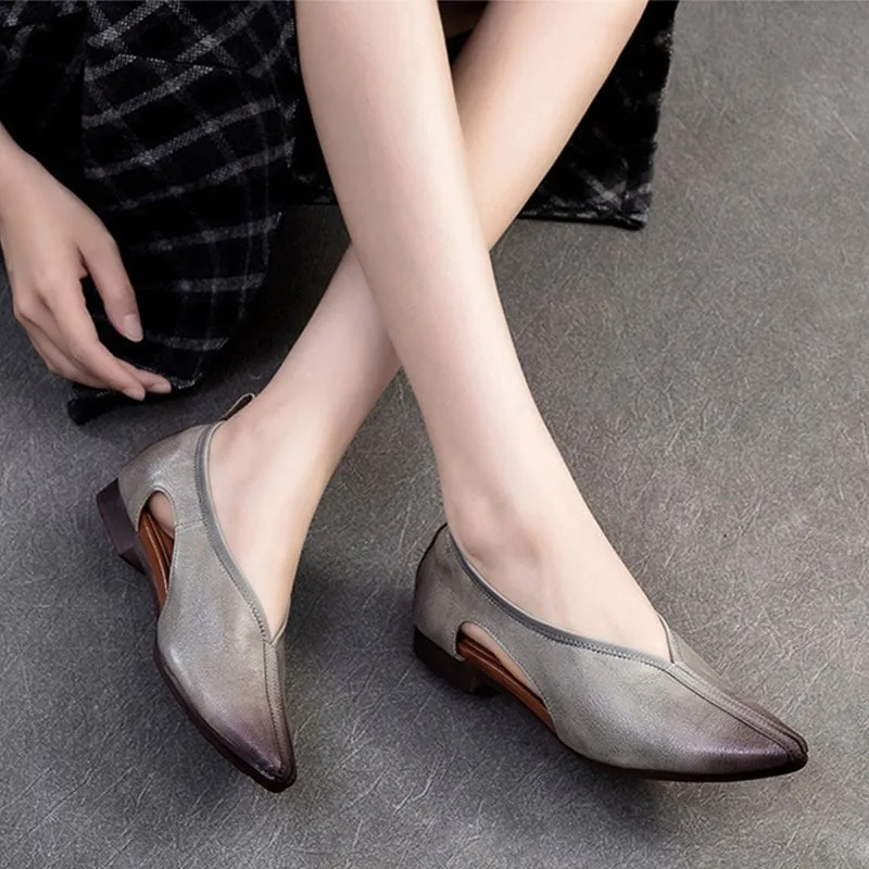 Retro Handmade Soft Leather Flats For Women Slip On Shoes in Grey/Coffee