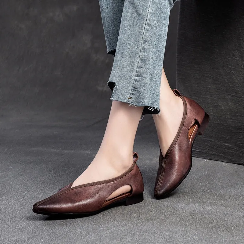 Retro Handmade Soft Leather Flats For Women Slip On Shoes in Grey/Coffee