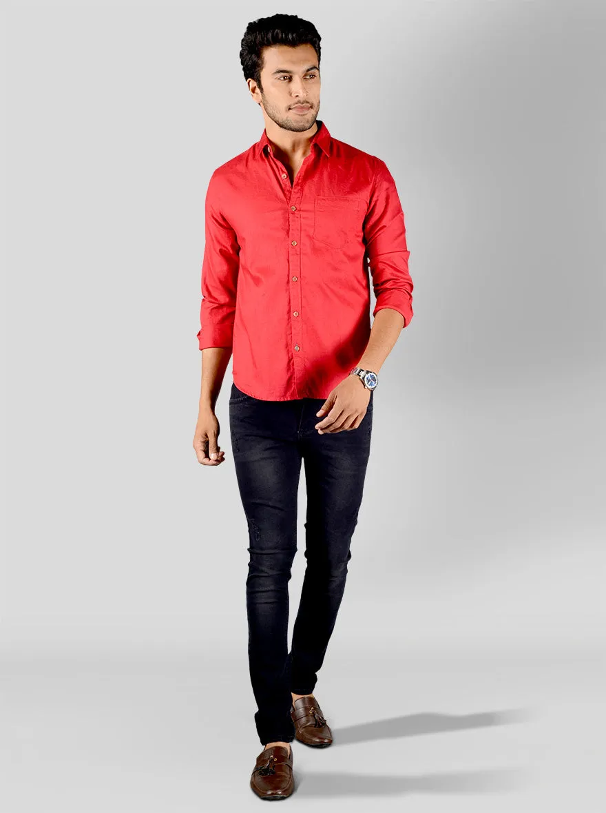 Ribbon Red Solid Slim Fit Casual Shirt | Greenfibre