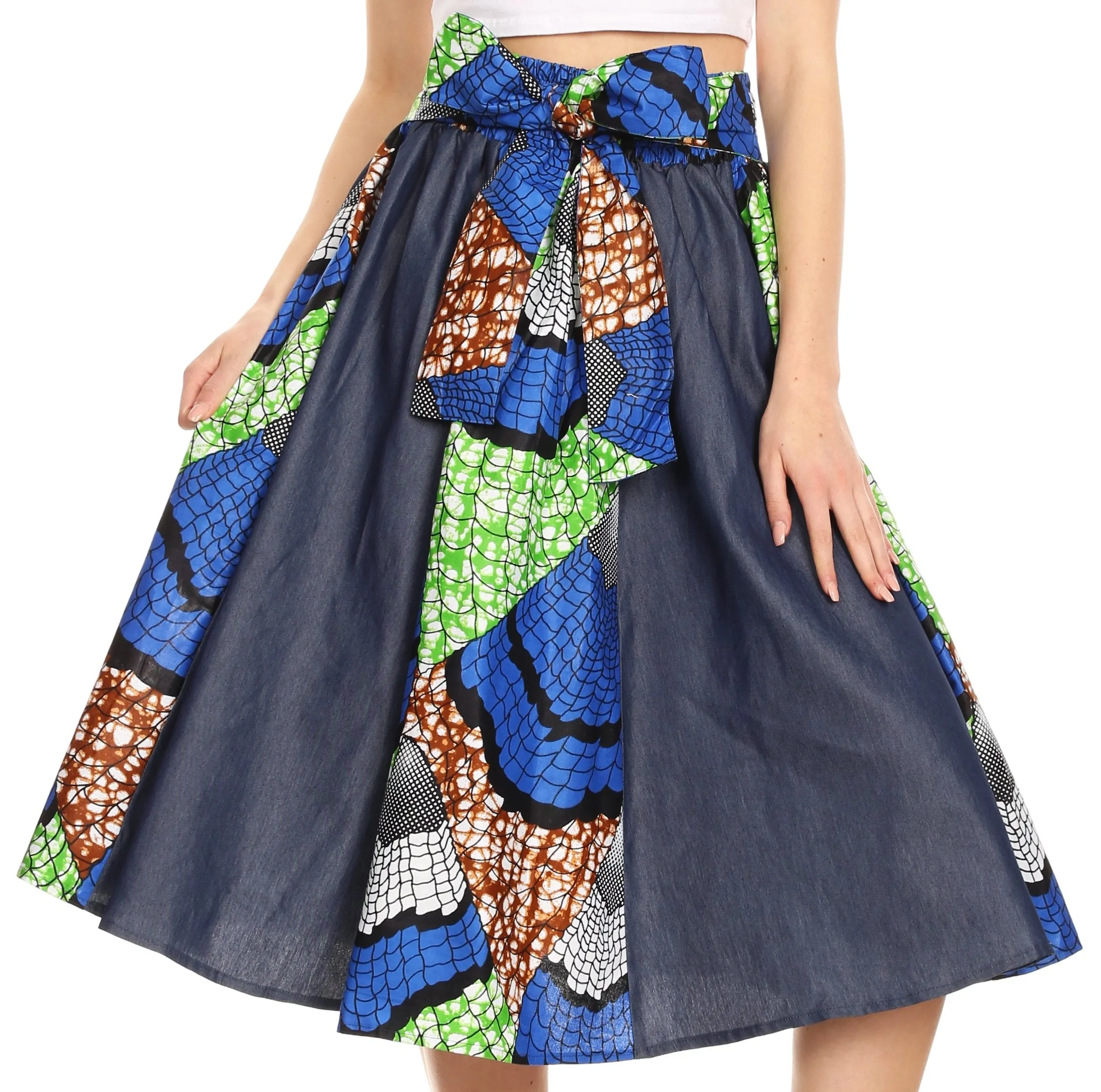 Sakkas Dayo Circle Mid Skirt with Elastic Waist Colorful Ankara African Wax Dutch